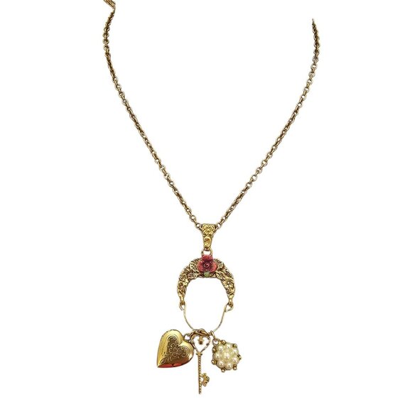 1928 Brand Rose Charms Pendant Necklace Locket Key Flower, Signed - Picture 1 of 8